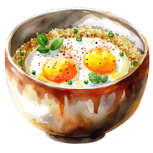 Watercolor Style Quinoa Bowl with Sunny Side Eggs Breakfast Graphic