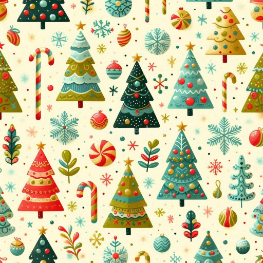 Seamless 3D PBR Texture with Colorful Christmas Trees and Ornaments Pattern