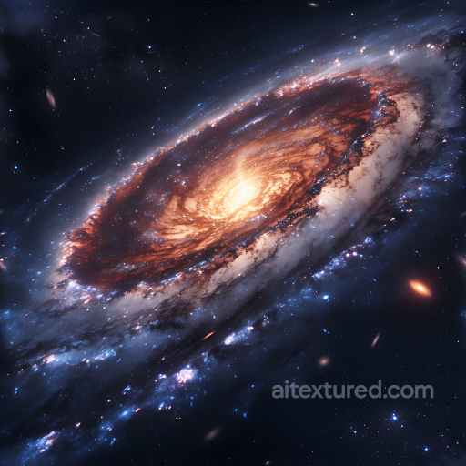 Space PBR Texture Featuring a Spiral Galaxy with Fiery Core and Cosmic Dust seamless Star, space, planets PBR texture