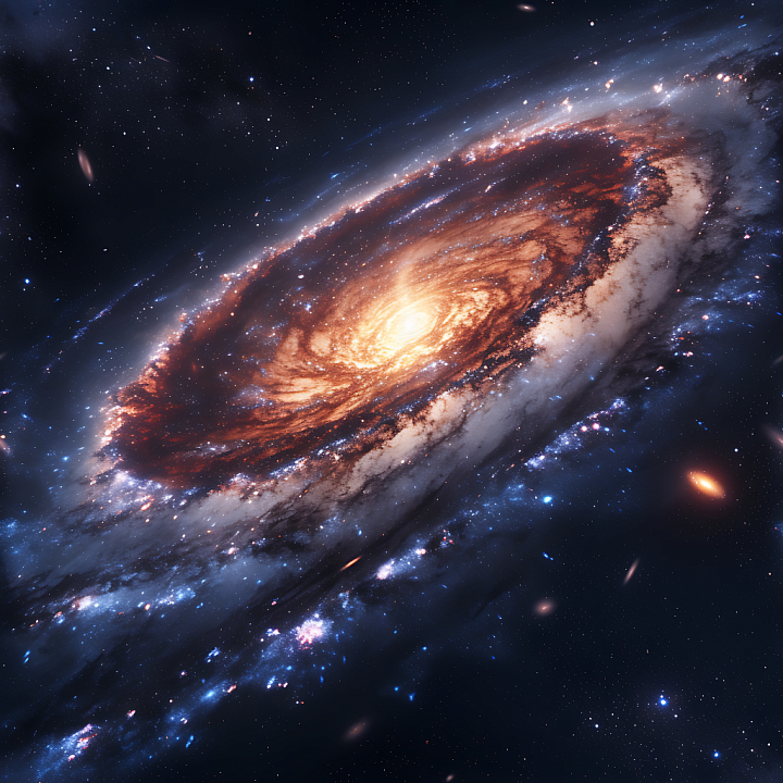 Space Featuring a Spiral Galaxy with Fiery Core and Cosmic Dust seamless PBR texture preview