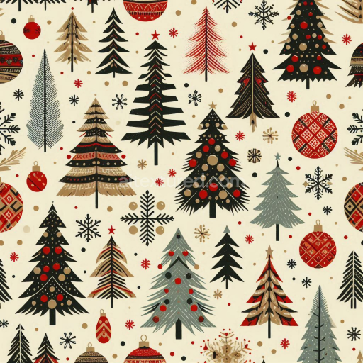 Seamless 3D PBR Texture Featuring Stylized Christmas Trees and Ornaments