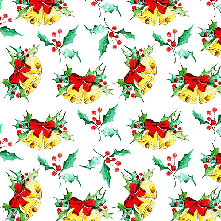 Christmas Watercolor with Bells and Holly Pattern seamless PBR texture preview