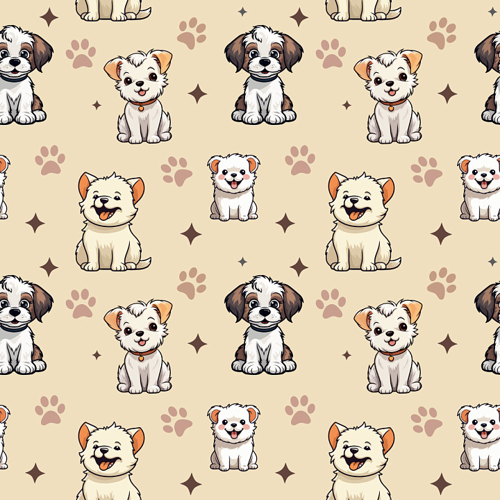 Pattern with Cute Cartoon Dog Motifs and Paw Prints on Soft Beige seamless PBR texture preview