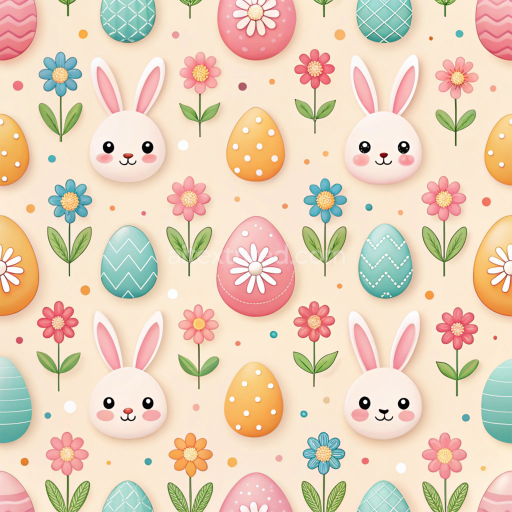 Seamless 3D PBR Easter digital paper texture with colorful eggs and bunny faces