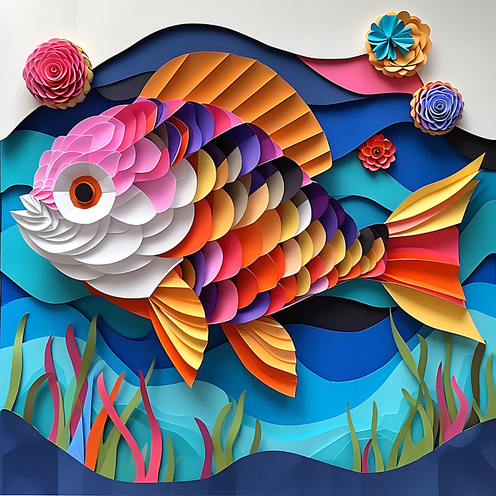 Animal of Colorful Origami Fish Scales in Vibrant Layers seamless PBR texture preview