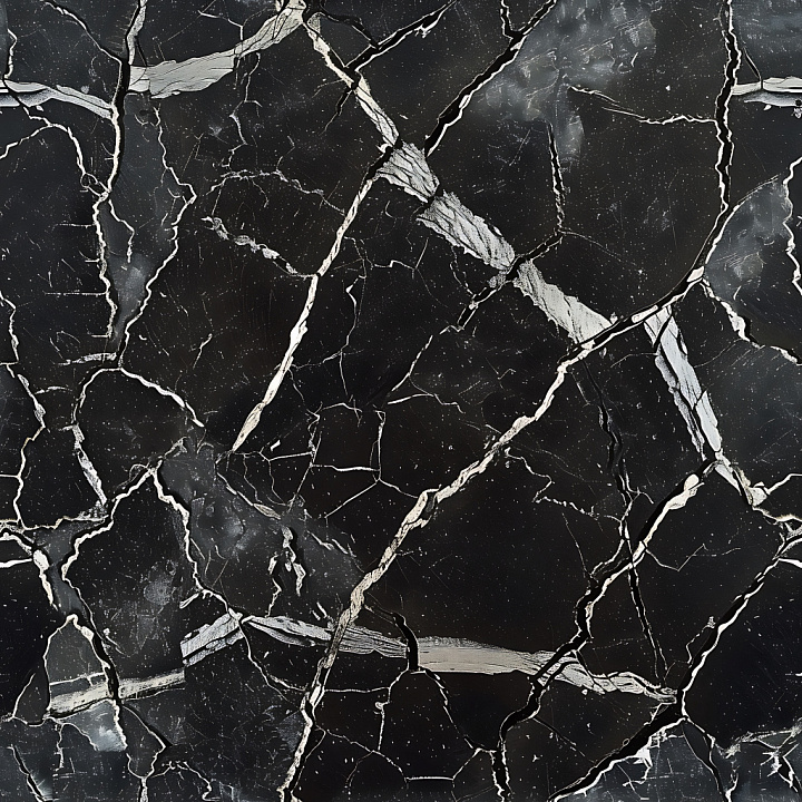 Cracked Black Marble with Jagged White Fractures seamless PBR texture preview