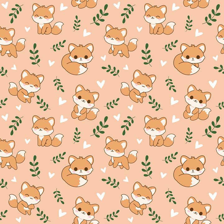 Pattern Featuring Cute Fox Motifs with Hearts and Green Leaves seamless PBR texture preview
