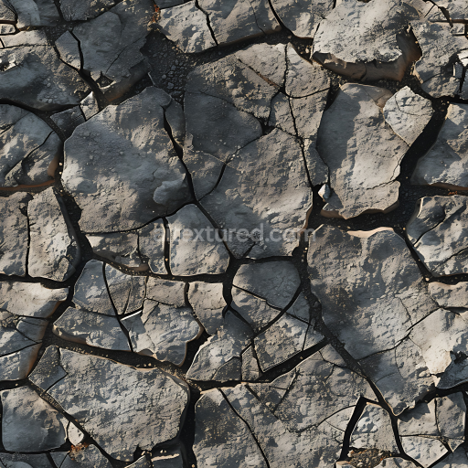 Seamless 3D cracked dry ground stone PBR texture with rugged, fractured surface