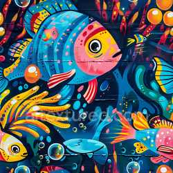 seamless Seamless 3D PBR Texture Featuring Vibrant Underwater Fish Graffiti Art texture 8k free download PBR