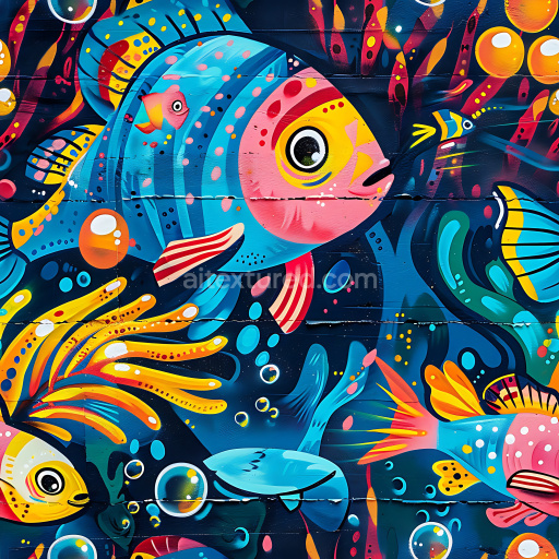 Seamless 3D PBR Texture Featuring Vibrant Underwater Fish Graffiti Art