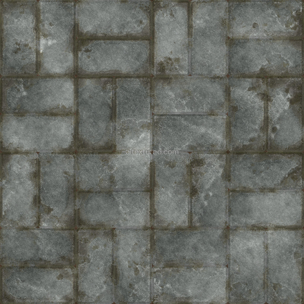 Seamless paving stones PBR texture with gray weathered appearance.