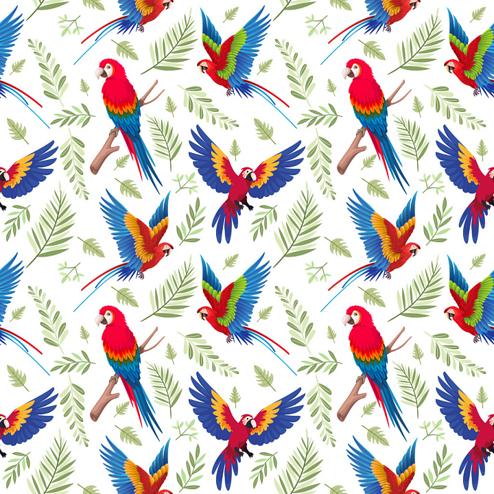 Pattern Featuring Vivid Parrot Motifs and Tropical Leaves seamless PBR texture preview