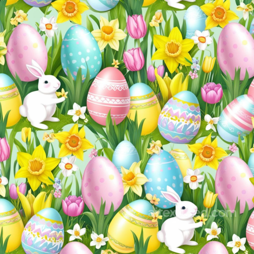 Easter Digital Paper Texture with Vibrant Painted Eggs and Spring Flowers seamless All Easter Digital paper PBR texture