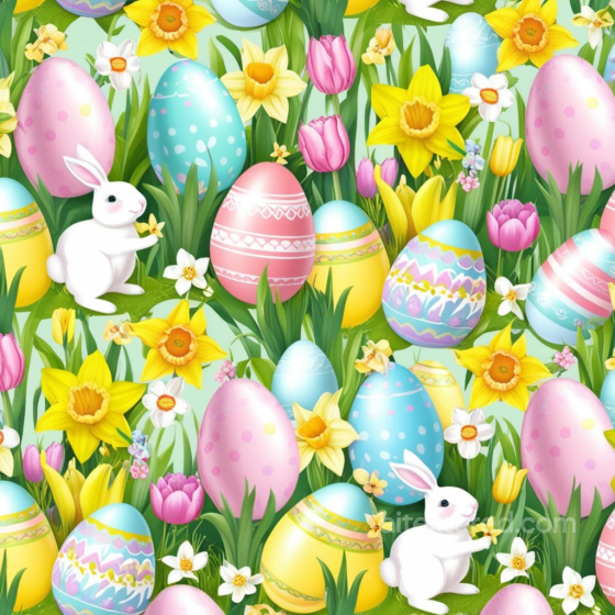 Easter Digital Paper Texture with Vibrant Painted Eggs and Spring Flowers All Easter Digital paper texture preview