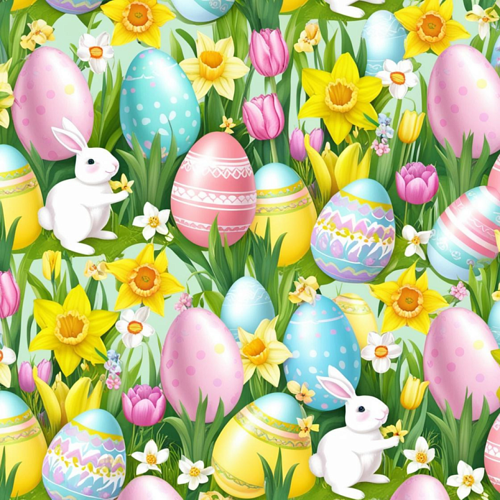Easter Digital Paper with Vibrant Painted Eggs and Spring Flowers seamless PBR texture preview