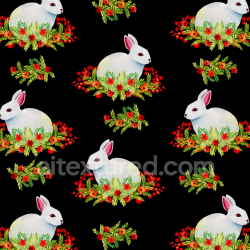 seamless Seamless 3D PBR Texture of White Bunnies with Floral Christmas Pattern on Black texture 8k free download PBR