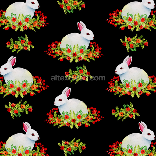 Seamless 3D PBR Texture Featuring White Rabbits and Festive Floral Accents on Black