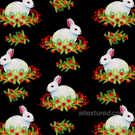 All Christmas Digital paper Texture of White Bunnies with Floral Christmas Pattern on Bla… seamless All Christmas Digital paper PBR texture