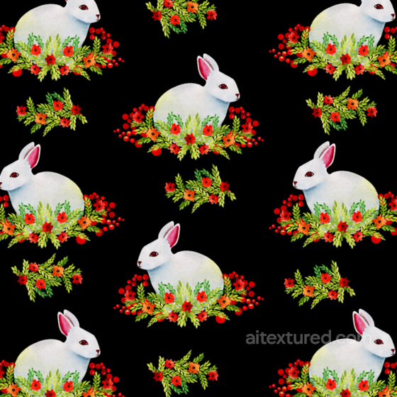All Christmas Digital paper Texture of White Bunnies with Floral Christmas Pattern on Bla… All Christmas Digital paper texture preview