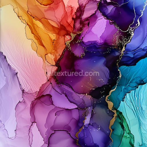 Seamless 3D Alcohol Ink PBR Texture Featuring Vibrant Purple and Gold Veins with Fluid Gradient Flow