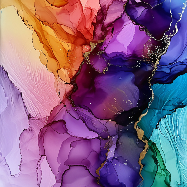 Alcohol Ink Featuring Vibrant Purple and Gold Veins with Fluid Gradient… seamless PBR texture preview
