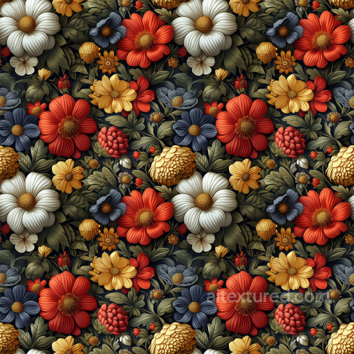 Embroidered Floral Fabric Texture with Multicolor Flowers seamless Embroidered floral PBR texture