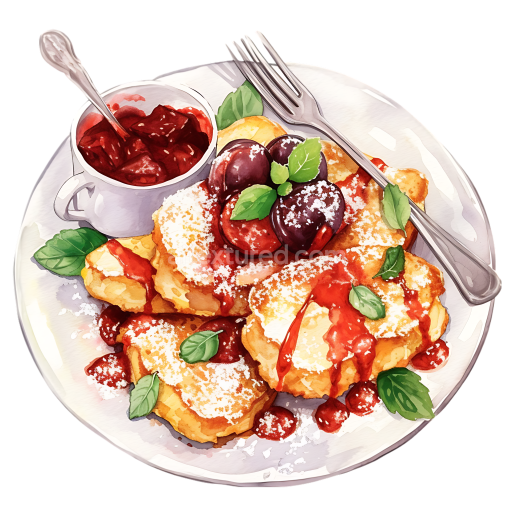 Watercolor Kaiserschmarrn Austrian Breakfast with Plums and Jam