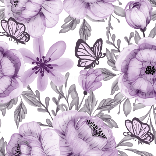 Seamless 3D PBR Purple Flower Texture with Hand-Painted Floral and Butterfly Design