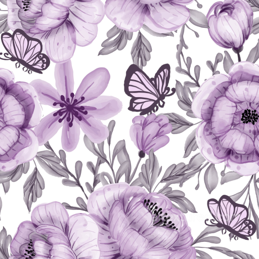 Purple Flower Texture with Hand-Painted Floral and Butterfly Design seamless Purple Flower PBR texture