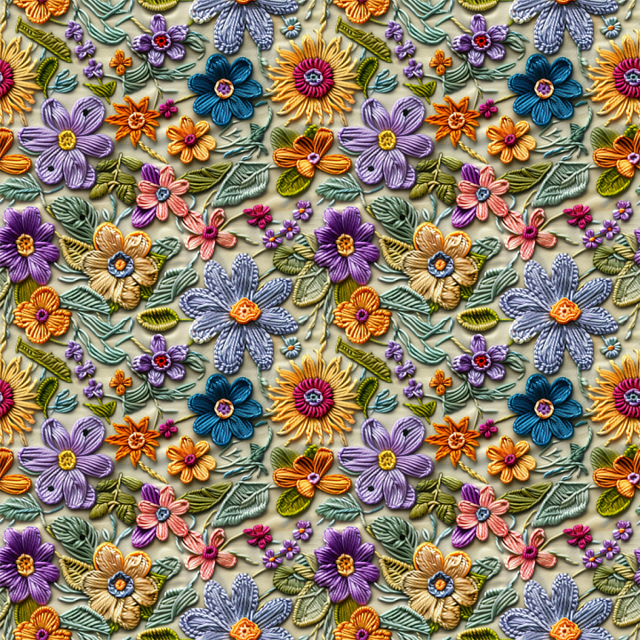 Multicolor Embroidered Floral Fabric Pattern seamless PBR texture preview