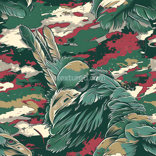 Seamless 3D Stylized Woodland Camouflage PBR Texture with Intricate Feathered Design