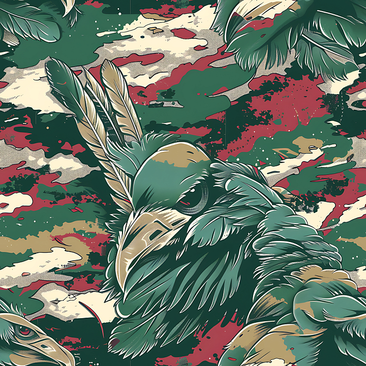 Stylized Woodland Camouflage with Intricate Feathered Design seamless PBR texture preview