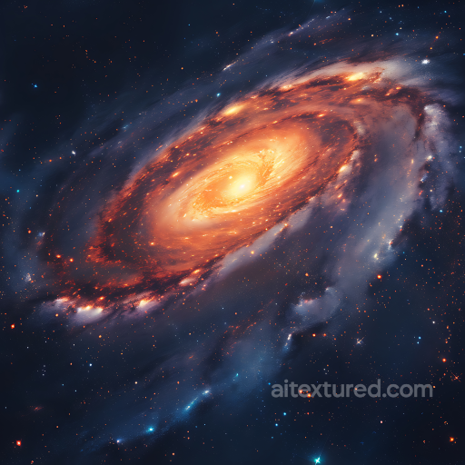 Space PBR Texture Featuring a Luminous Spiral Galaxy with Glowing Orange Core seamless Star, space, planets PBR texture