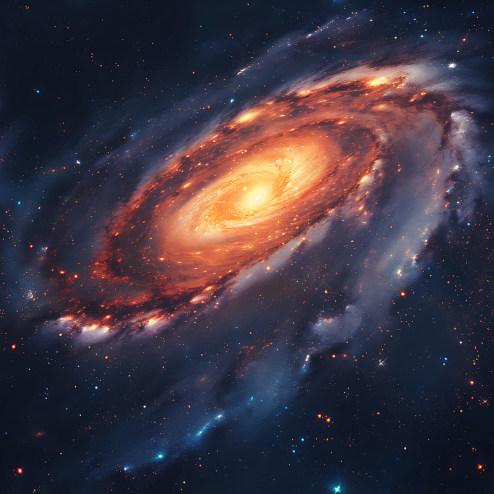 Space Featuring a Luminous Spiral Galaxy with Glowing Orange Core seamless PBR texture preview