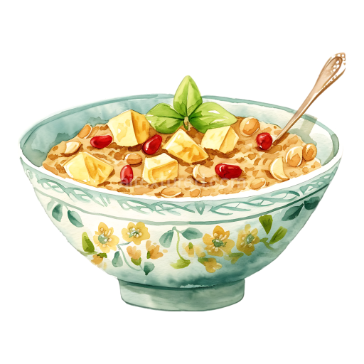 Watercolor Quinoa Porridge Breakfast Bowl with Fruit and Nuts Illustration
