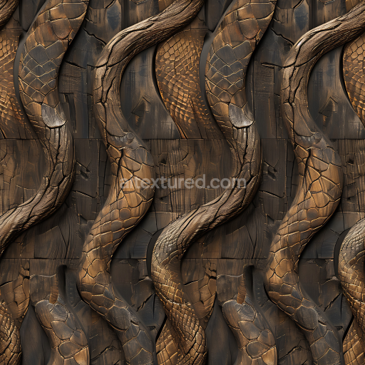 Seamless 3D Dark Carved Wood PBR Texture Featuring Intricate Dragon Scale Embossing