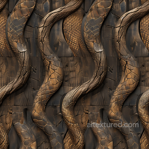 Dark Carved Wood PBR Texture Featuring Intricate Dragon Scale Embossing seamless Wood PBR texture