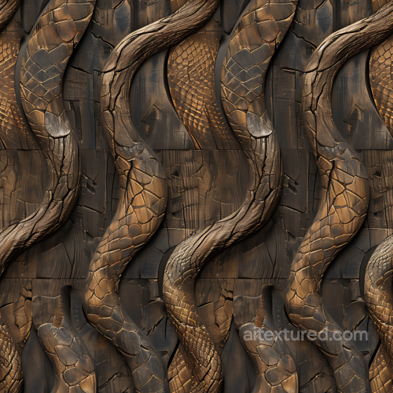 Dark Carved Wood PBR Texture Featuring Intricate Dragon Scale Embossing Wood texture preview