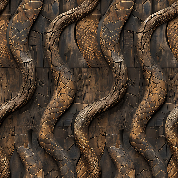 Dark Carved Wood Featuring Intricate Dragon Scale Embossing seamless PBR texture preview