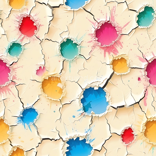 Seamless 3D cracked plaster PBR texture featuring vibrant multi-colored holes