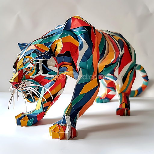 Seamless 3D PBR Texture Featuring Origami-inspired Clouded Leopard with Geometric Color Blocks