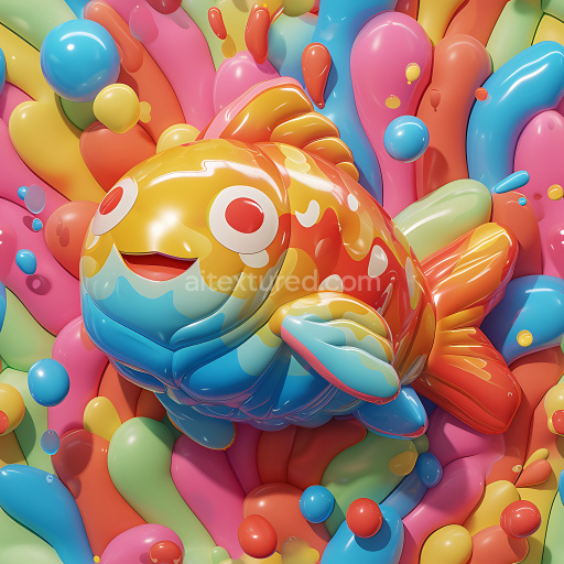 Seamless 3D Inflated PBR Texture of Glossy Colorful Inflated Vinyl Fish and Splash Pattern