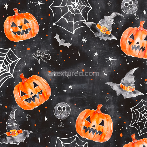Seamless 3D PBR Watercolor Halloween Texture Featuring Pumpkins and Spiderwebs