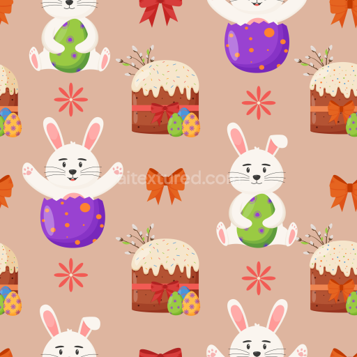 Seamless 3D PBR Texture Featuring Cute Easter Bunny and Festive Cakes Pattern