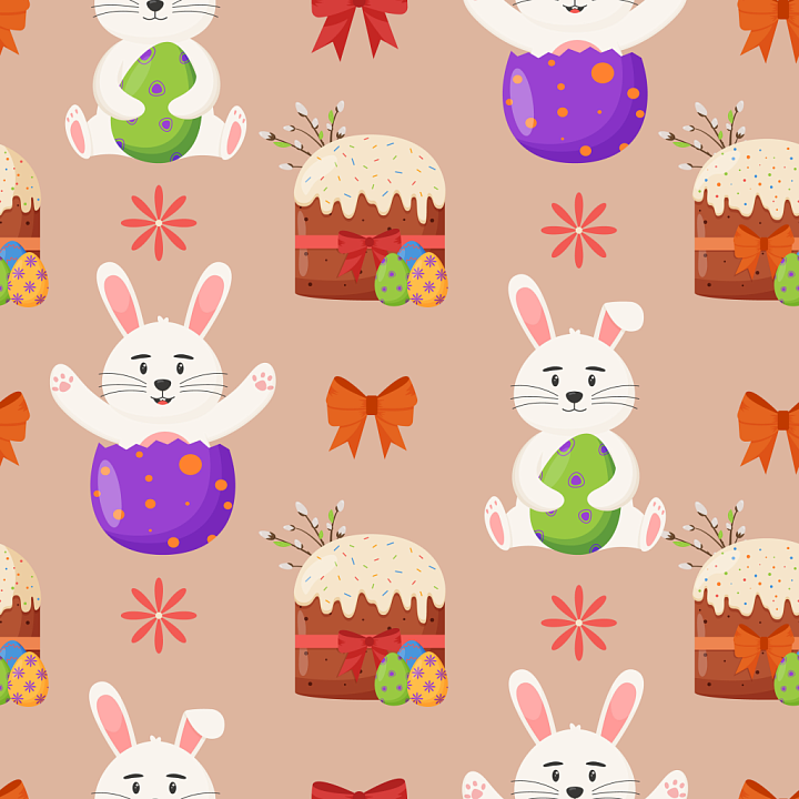 Featuring Cute Easter Bunny and Festive Cakes Pattern seamless PBR texture preview