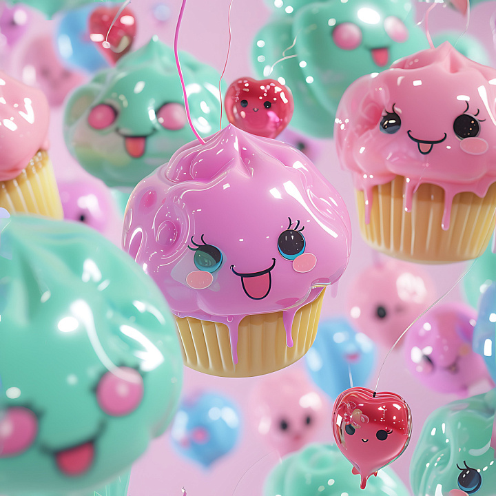 Inflated Glossy Vinyl Cupcake with Kawaii Faces seamless PBR texture preview