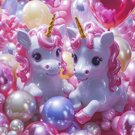 Seamless 3D Inflated Vinyl Unicorns and Balloons PBR Texture with Glossy Pastels