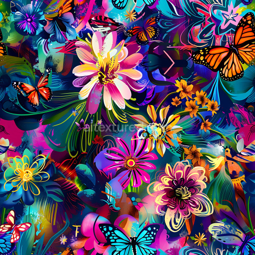 Seamless 3D PBR Texture Featuring Colorful Floral Graffiti and Butterflies
