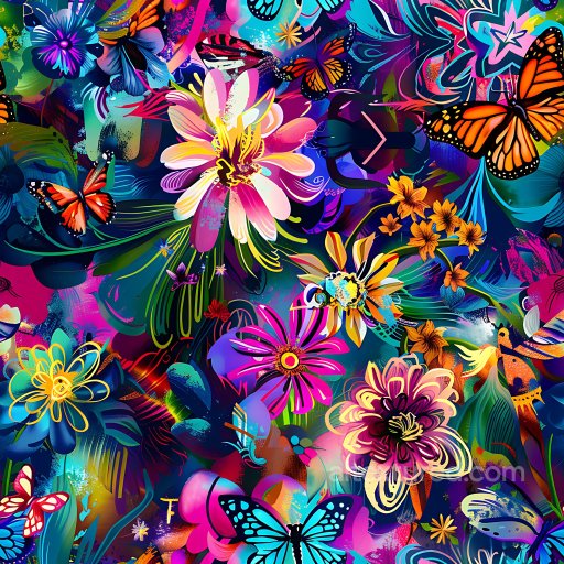 Seamless 3D PBR Texture Featuring Colorful Floral Graffiti and Butterflies texture preview