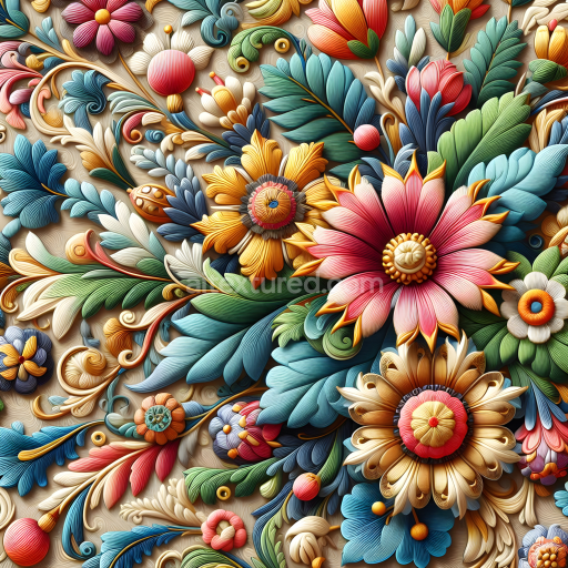 Seamless 3D PBR Texture of Colorful Embroidered Floral Fabric with Intricate Leaves and Petals